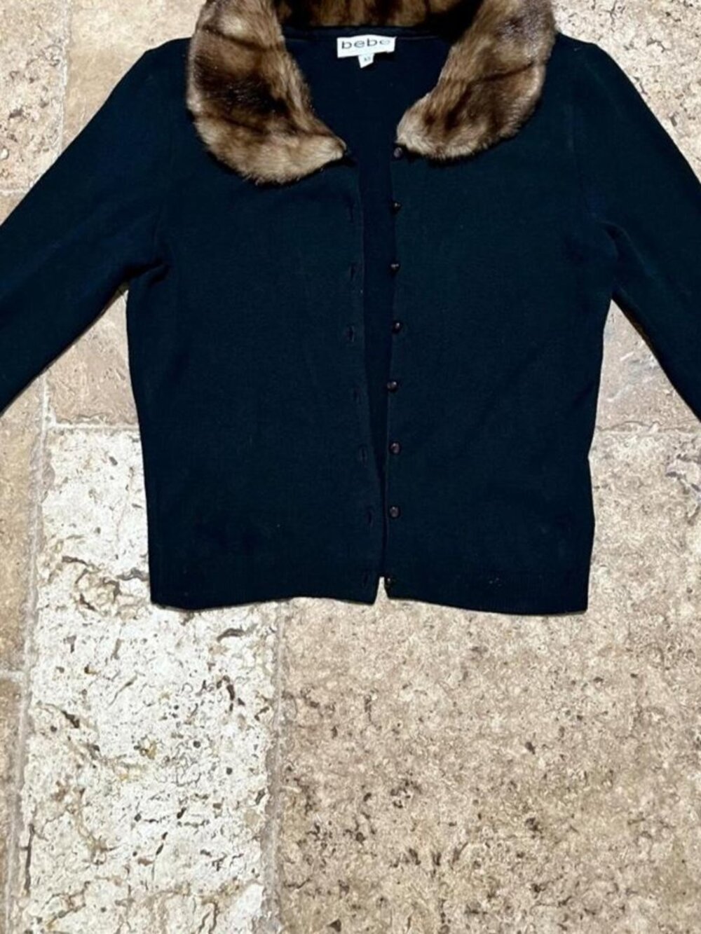 Vintage Y2K Bebe Black Faux Fur Collar Fitted Cardigan XS